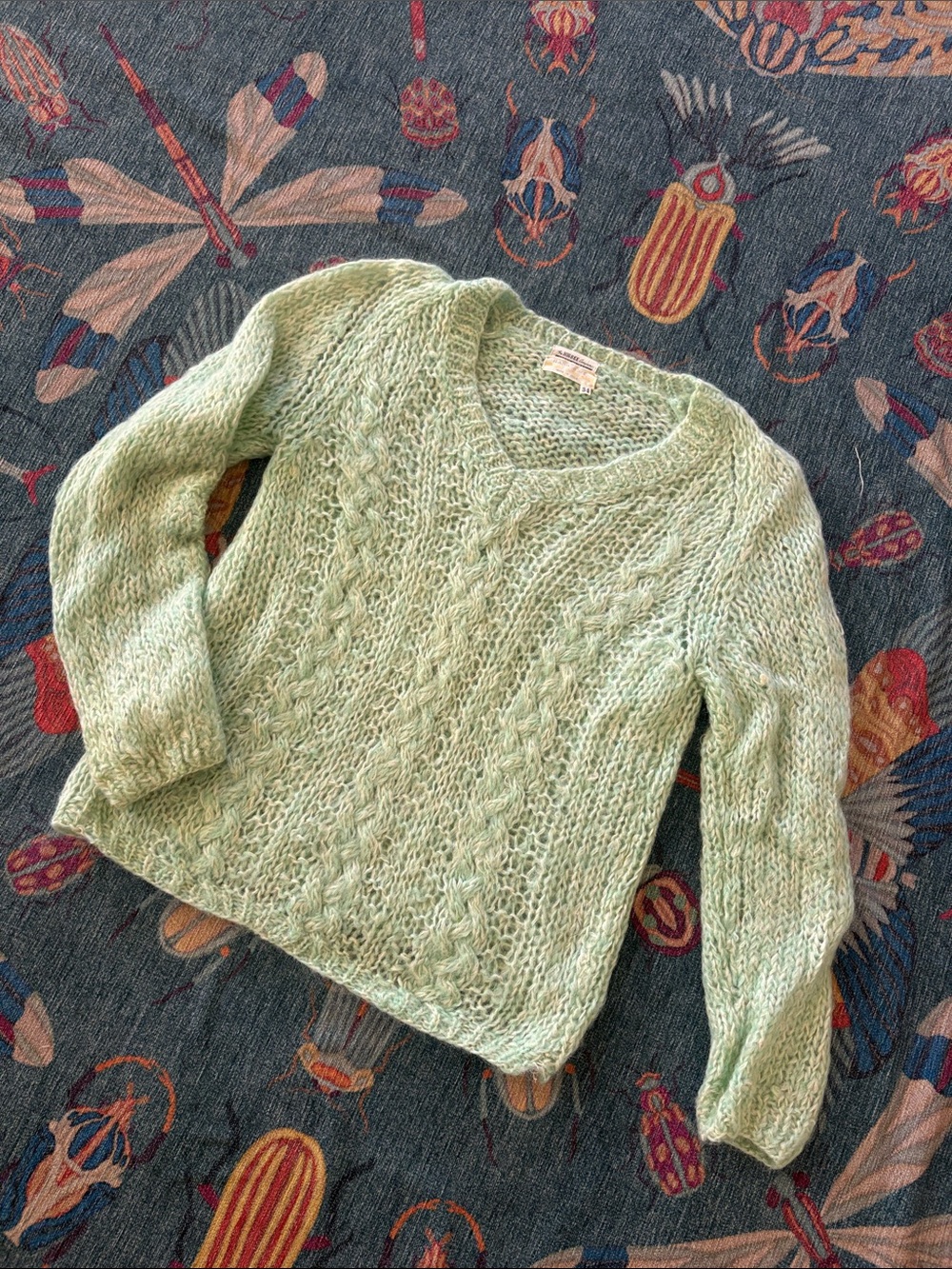 Vintage Higbees Made in Italy mohair wool open knit sweater mint green cream M
